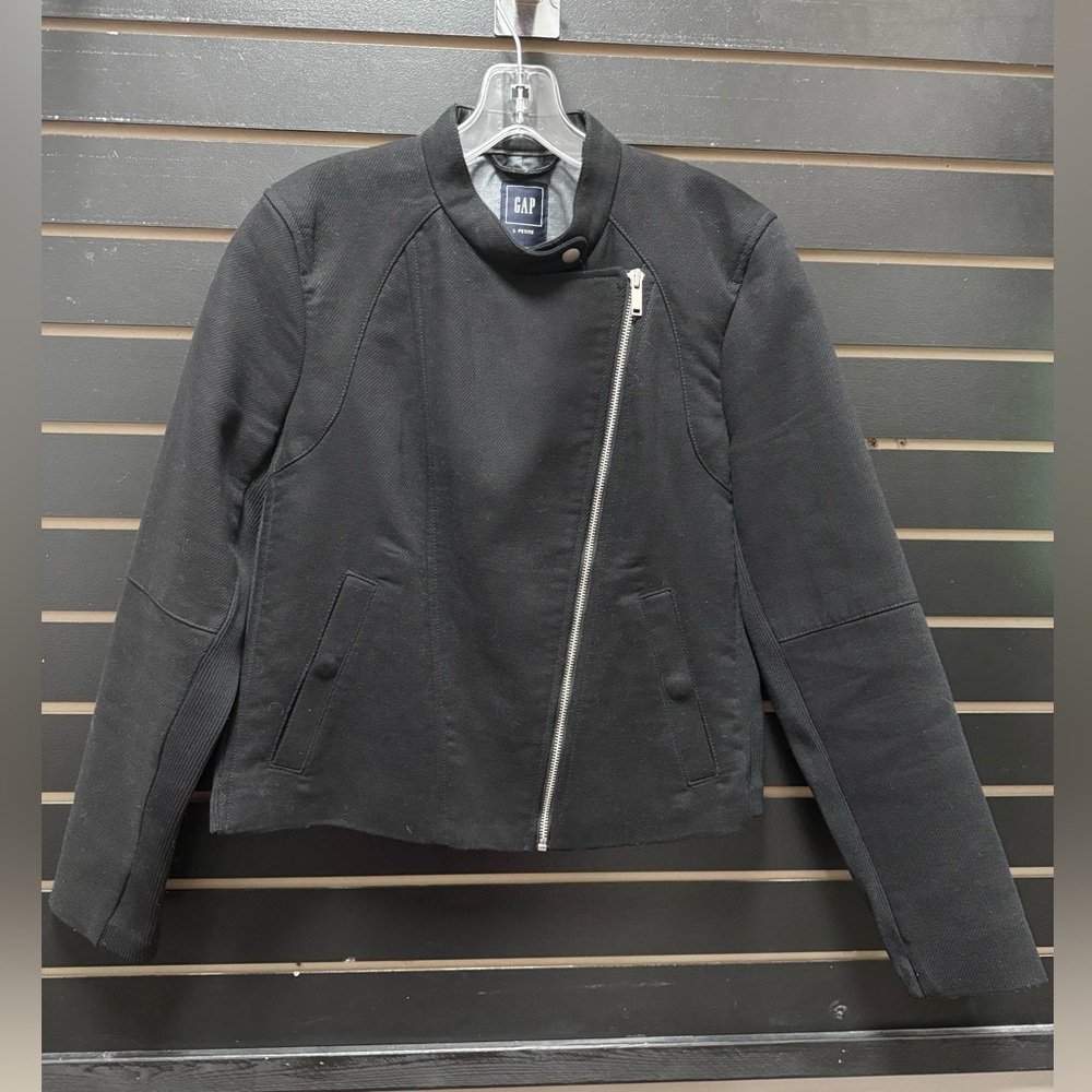 GAP Black Moto Jacket Women’s L Petite – Asymmetrical Zip Biker Style
